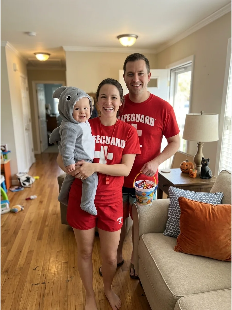 Baby Shark and Lifeguard Parents. Dress the baby in a soft shark costume while the parents wear red lifeguard-style shirts and shorts. This idea is especially practical for familie