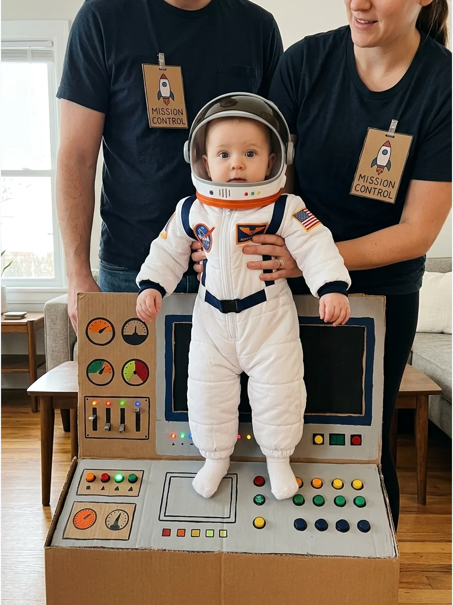Baby Astronaut and Mission Control Parents. Dress the baby as an astronaut while the parents wear matching mission-control badges or space-agency-inspired shirts. Create cardboard
