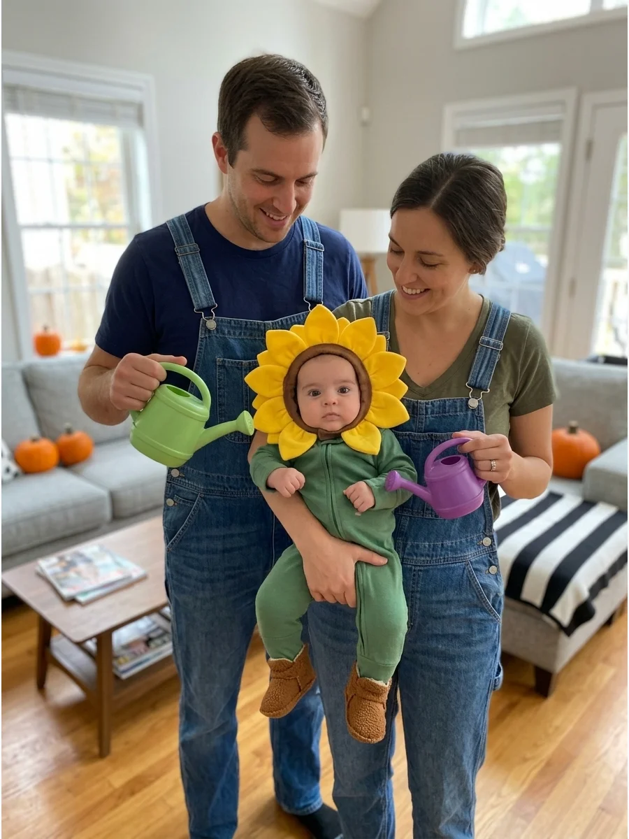 Little Flower and Gardener Parents. Turn the baby into a sunflower, daisy, or rose using a soft petal collar and green sleeper. The parents can wear overalls and carry lightweight