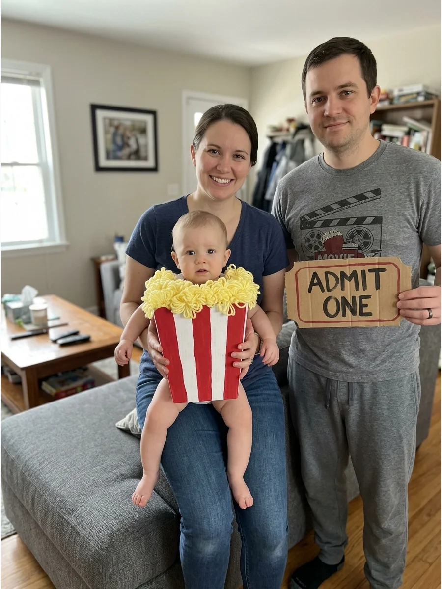 Baby Popcorn and Moviegoer Parents. Dress the baby as a popcorn box while the parents wear casual movie-night outfits. One parent can carry a cardboard cinema ticket or movie-clapp