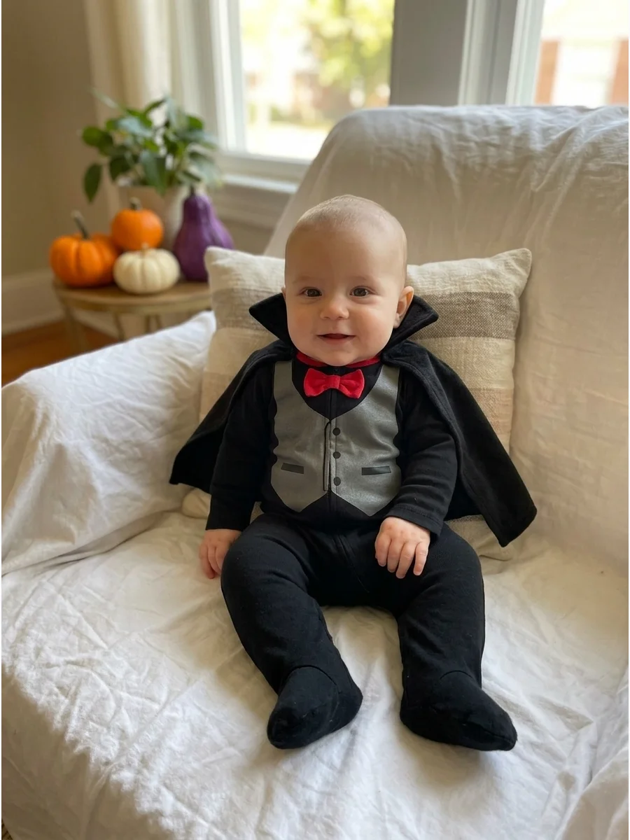 Baby Vampire Costume. Dress the baby in a black sleeper with a printed vest, red bow tie, and short fabric cape attached to the shoulders. Skip fake teeth and face makeup to keep t