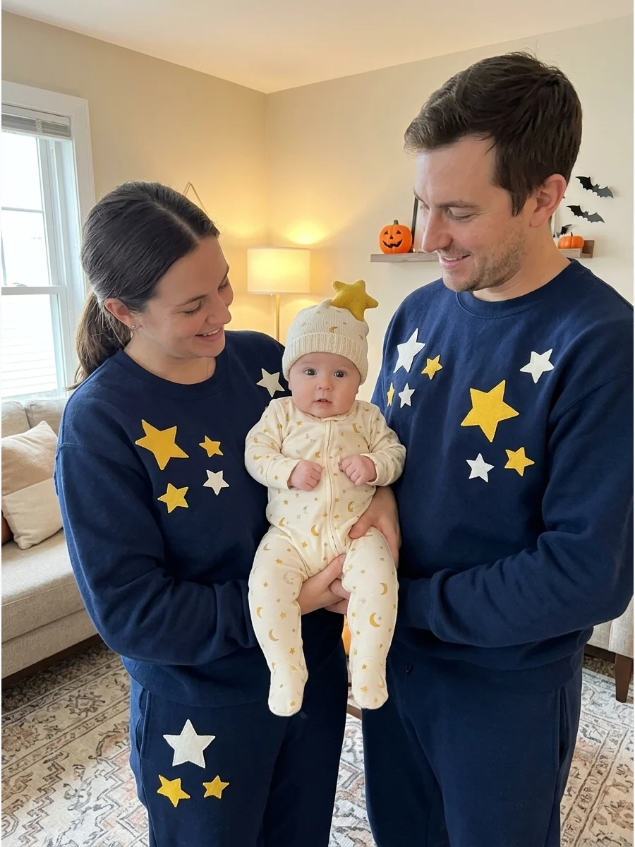 Baby Moon and Star Parents. Dress the baby in a soft crescent-moon or star-patterned sleeper while the parents wear navy outfits decorated with fabric stars. This dreamy family cos