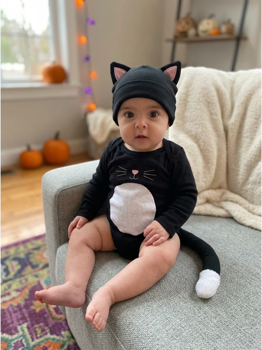 Little Black Cat Costume. Start with a black onesie and add a soft cat-ear hat and securely attached fabric tail. A white belly patch can make the costume look sweeter and more pho