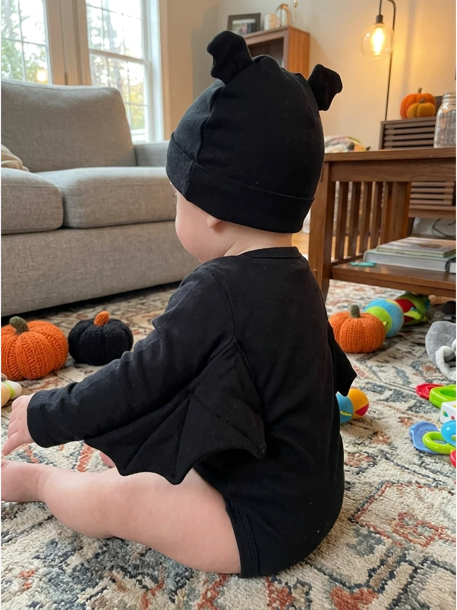 Baby Bat Costume. Choose a black romper with soft fabric wings attached between the sleeves and sides. Keep the wings short so they do not interfere with crawling, sitting, or bein