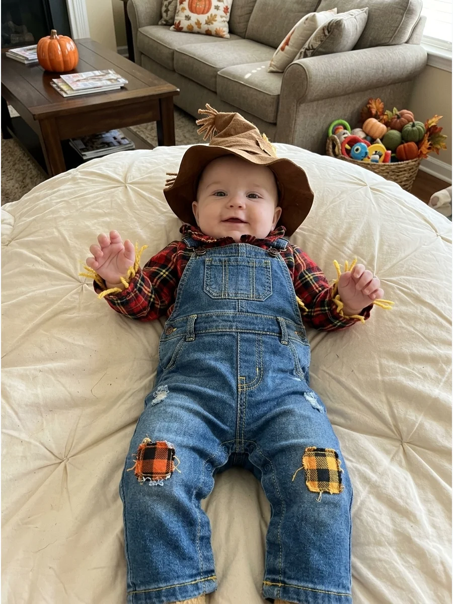 Mini Scarecrow Costume. Combine denim-style overalls with a plaid bodysuit and soft patch details. Finish the look with a flexible brown hat that can be removed whenever the baby b