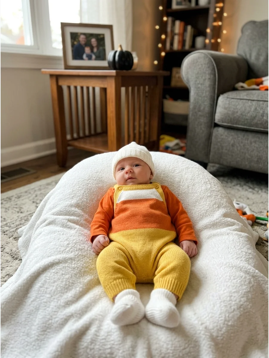 Candy Corn Costume. Layer orange, yellow, and white clothing to recreate the colors of candy corn. A color-blocked bunting or romper makes this costume especially easy for a newbor