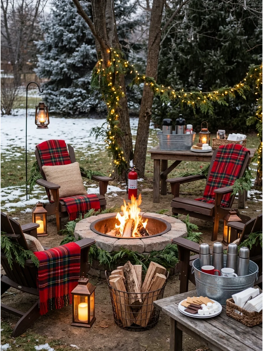 A stone fire pit surrounded by chairs with plaid blankets in a backyard.