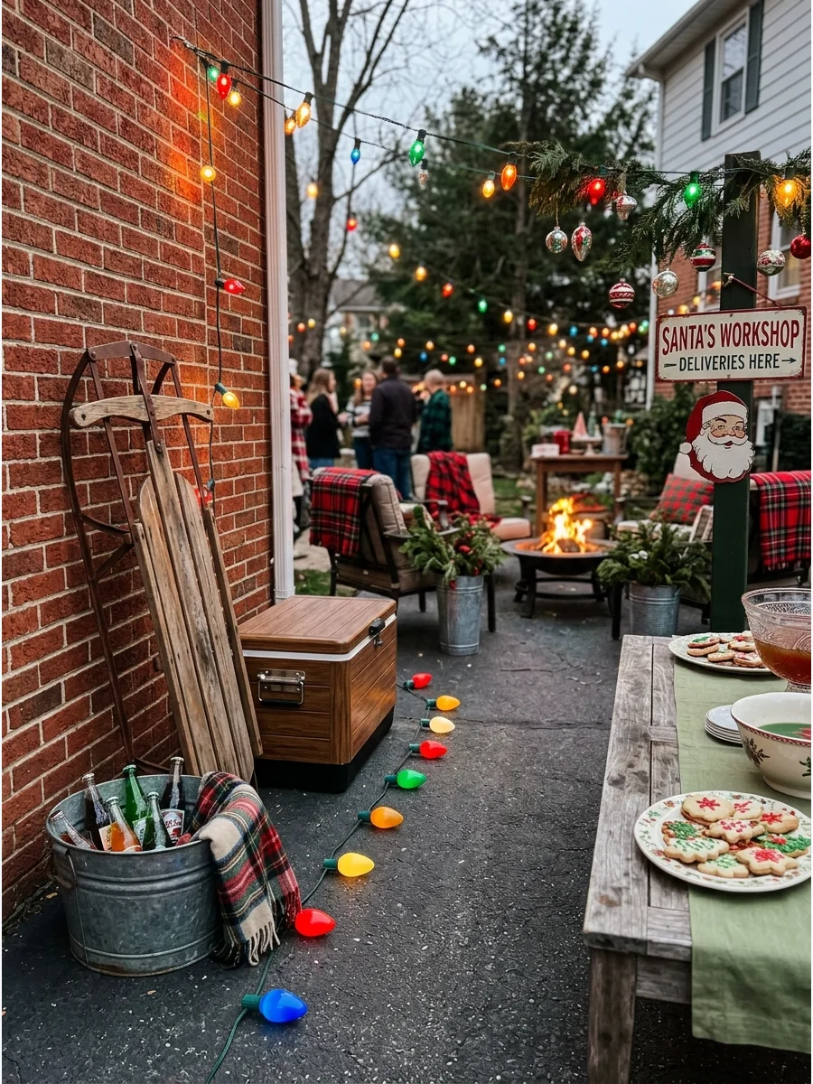 Vintage Christmas decorations and colorful lights in a driveway.