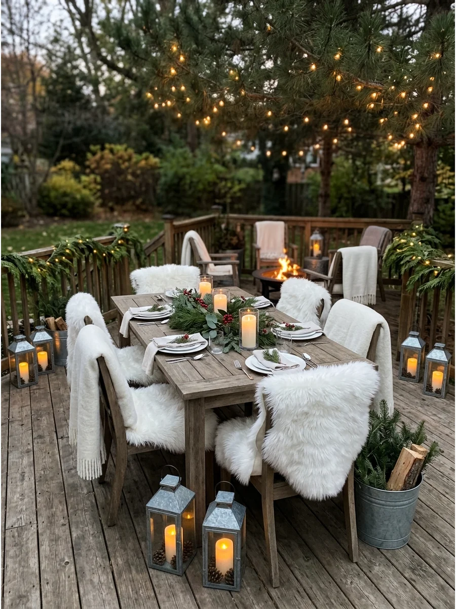 A Scandinavian style outdoor Christmas setup on a wooden deck with white blankets and pine decor.
