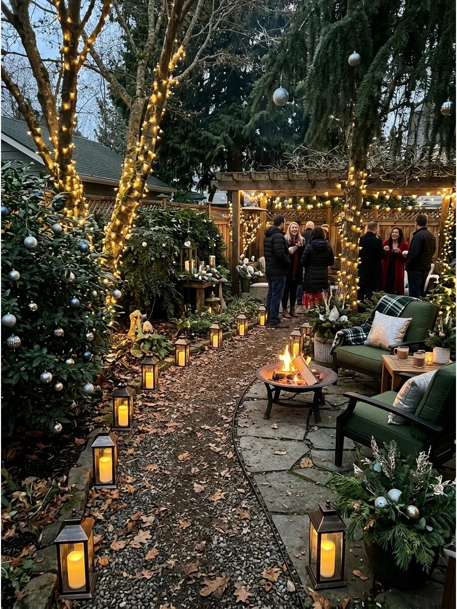 An enchanted garden setting with glowing trees and hanging metallic ornaments at night.