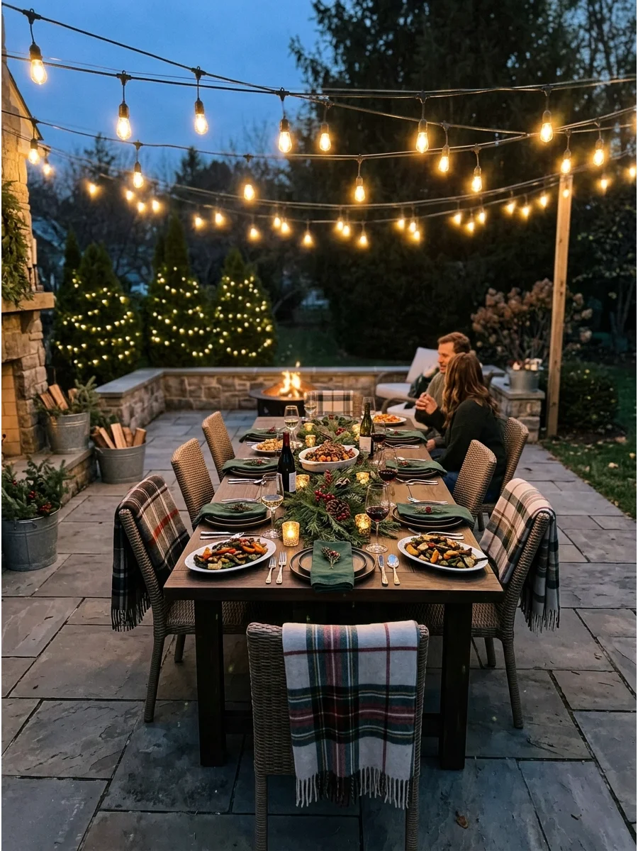Outdoor dining table illuminated by overhead string lights on a residential patio.