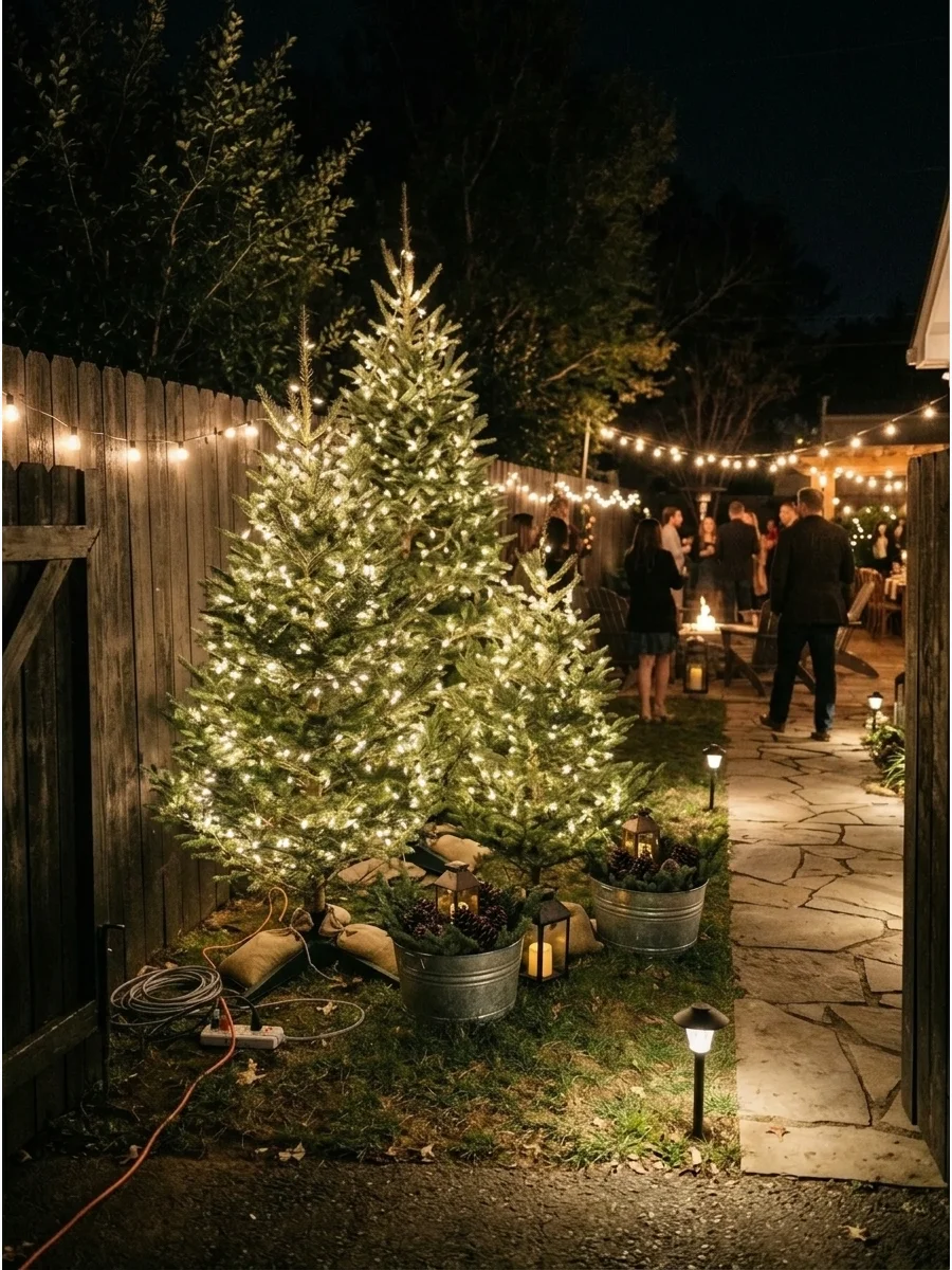 Illuminated Backyard Christmas Trees support view 1