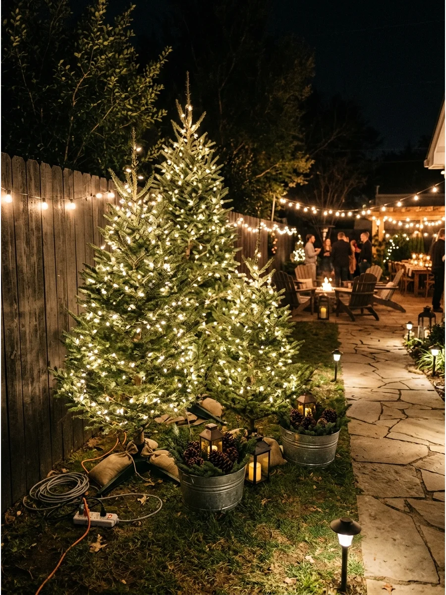 Three lit Christmas trees grouped together in a backyard at night.
