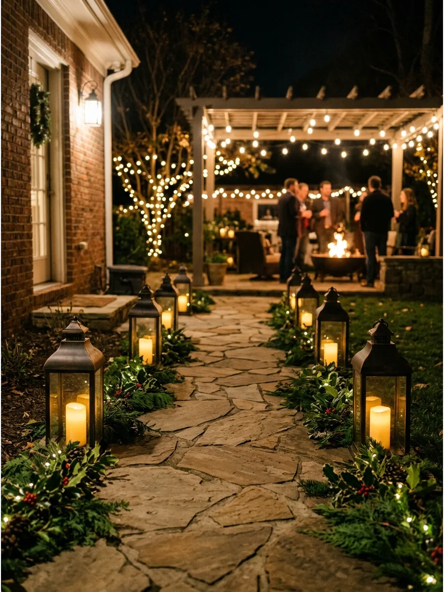 A backyard stone path illuminated by lanterns filled with candles and greenery.