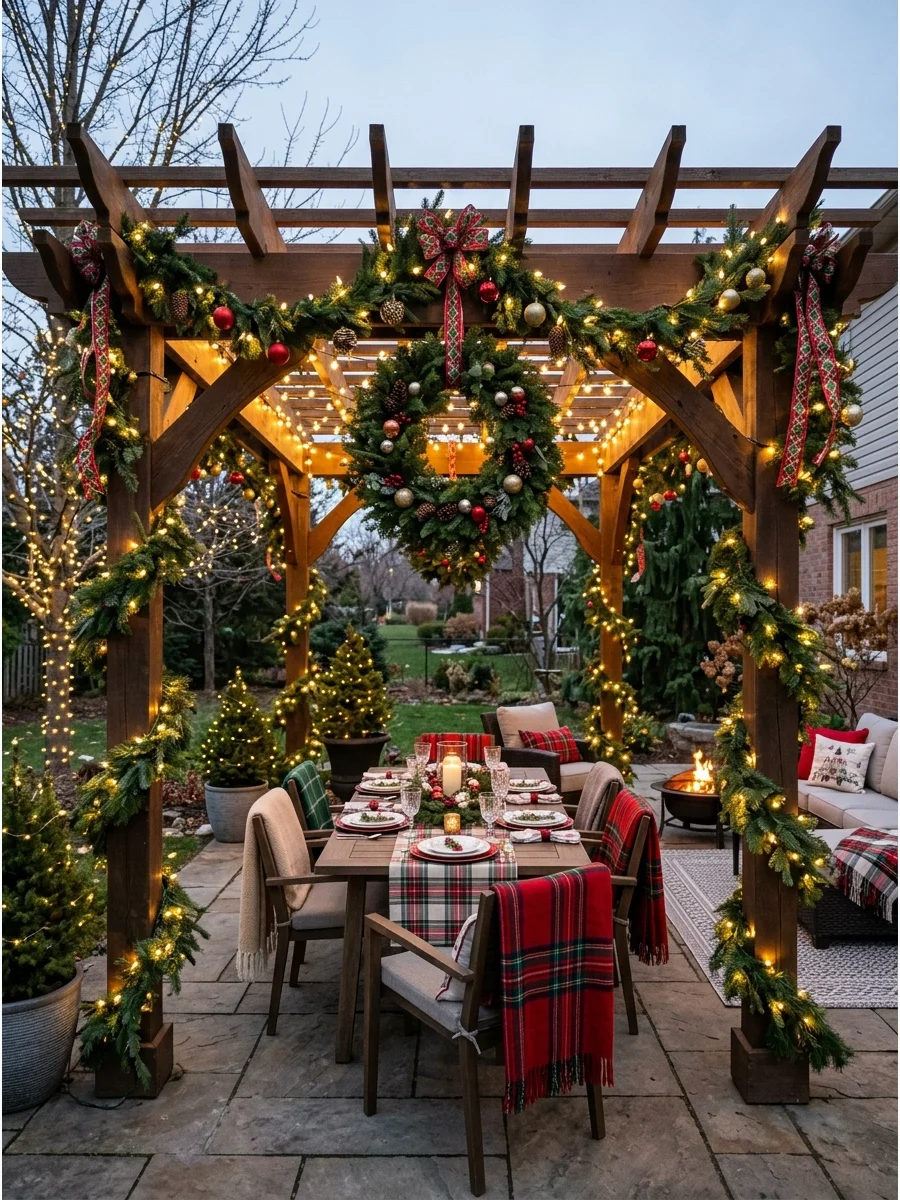 A decorated outdoor pergola with evergreen garland and a large Christmas wreath.
