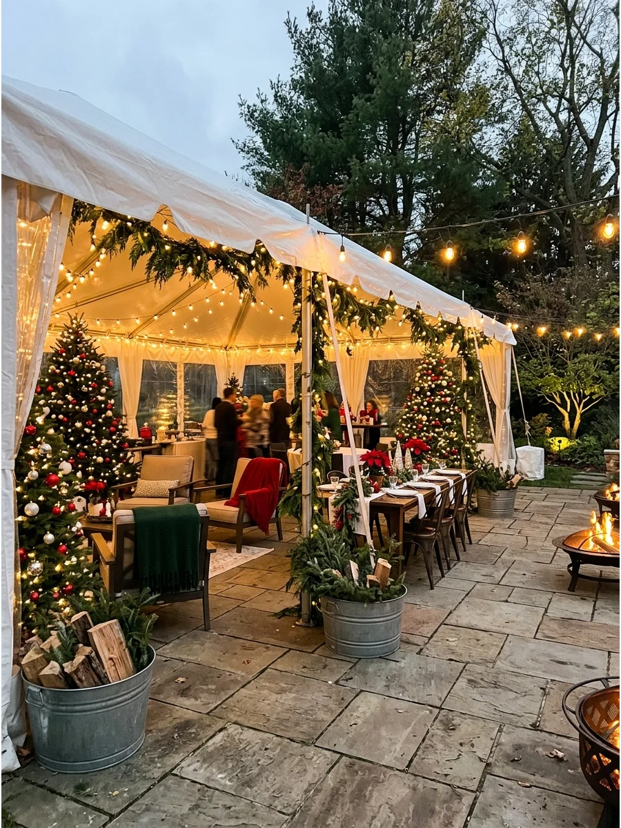 A clear-walled party tent on a patio decorated with Christmas lights and a tree.