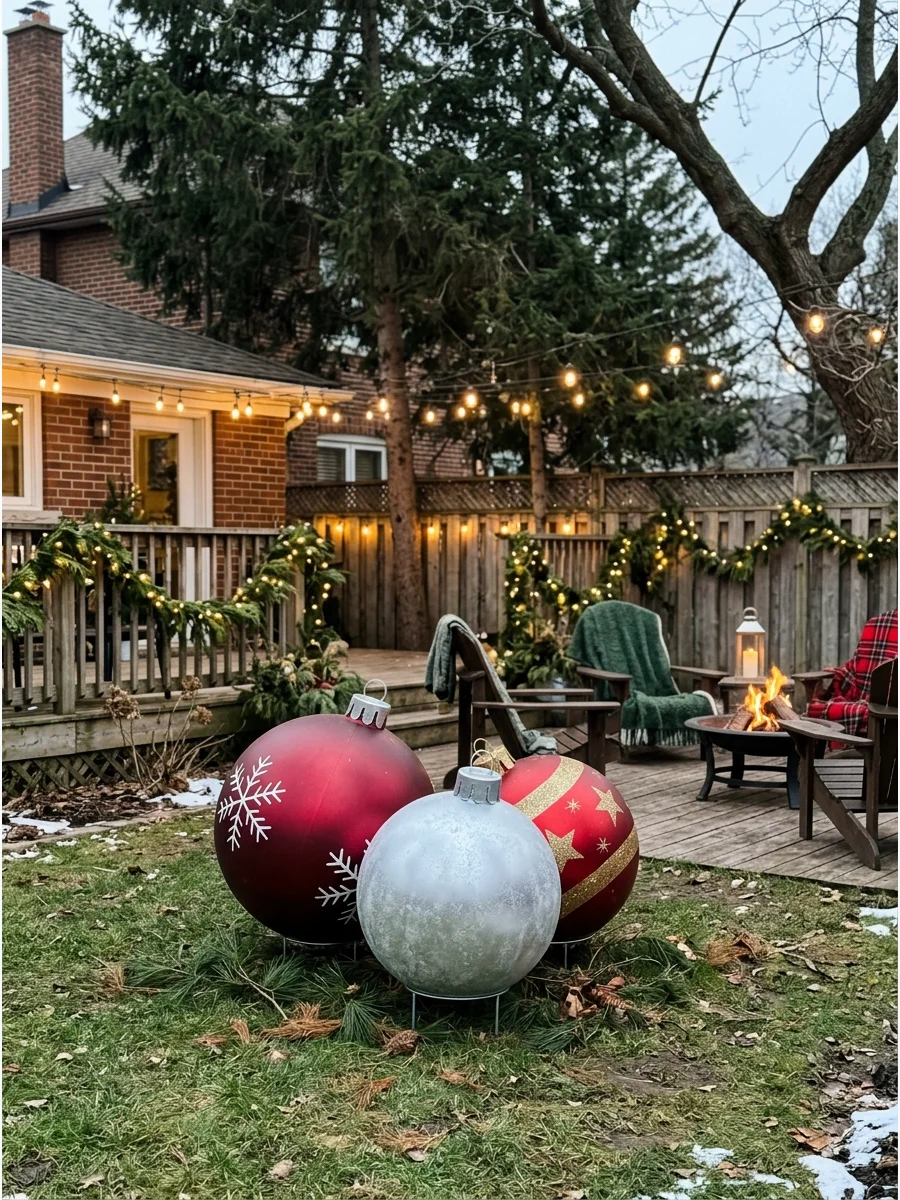 Large red and silver Christmas ornaments displayed on a backyard lawn.