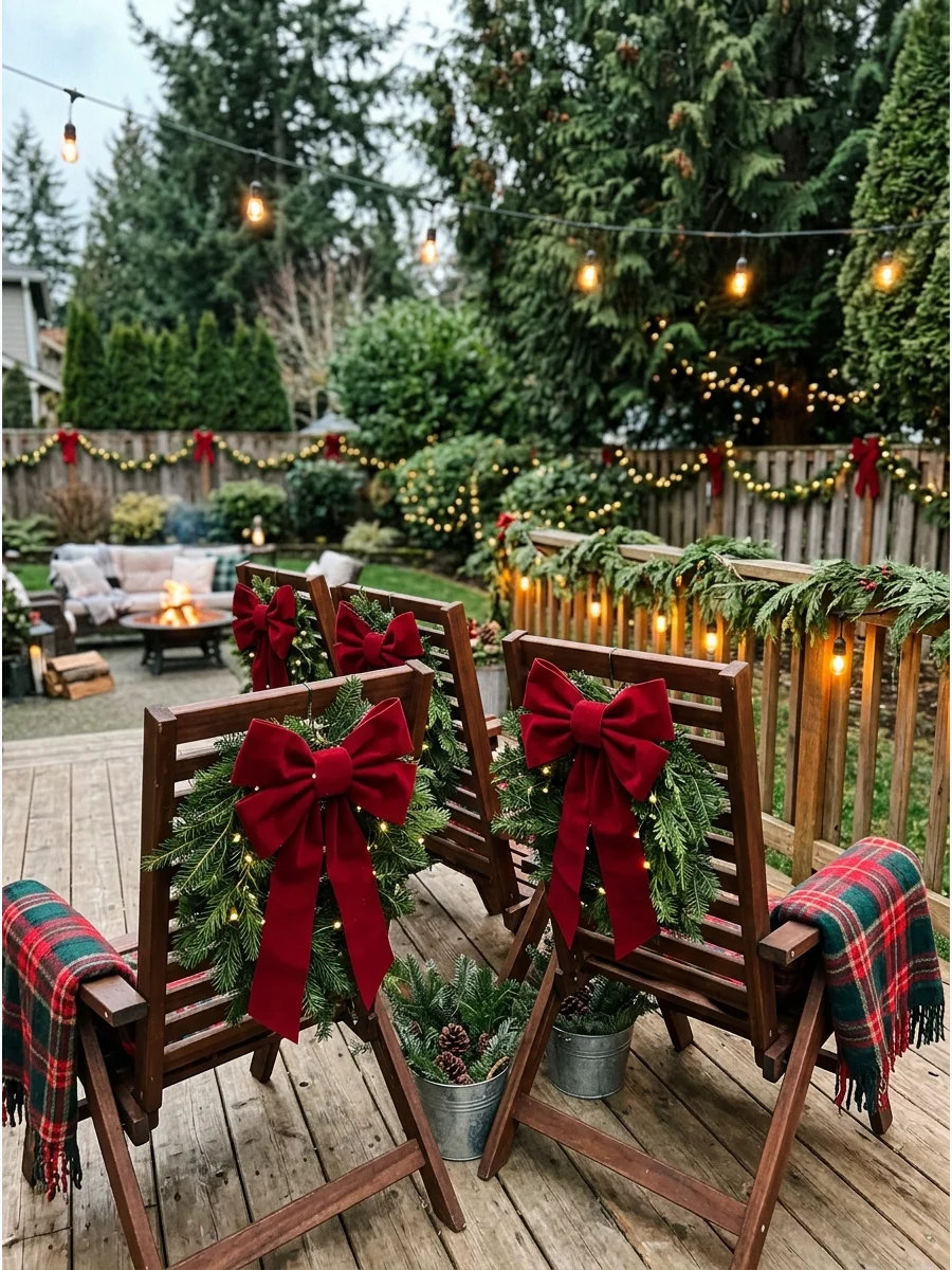 Wooden deck chairs decorated with large red velvet bows for a Christmas party.