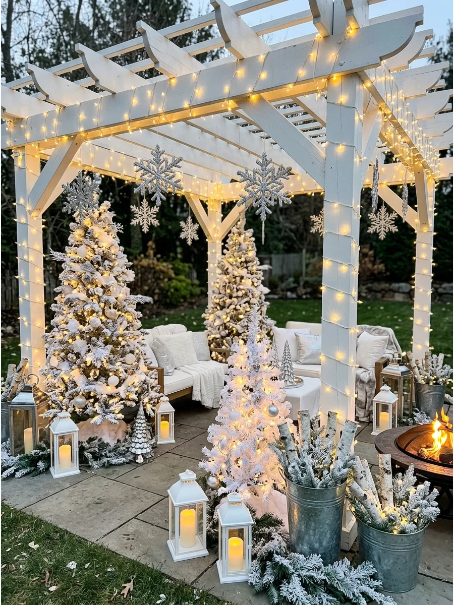 A white pergola decorated with snowflakes and white Christmas trees.