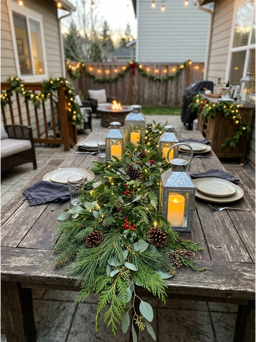 A patio dining table decorated with a natural evergreen branch runner and pinecones.