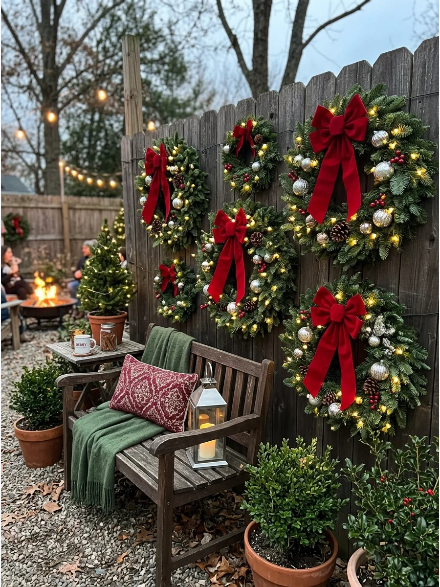 Five lit Christmas wreaths hanging on a dark wood backyard fence.