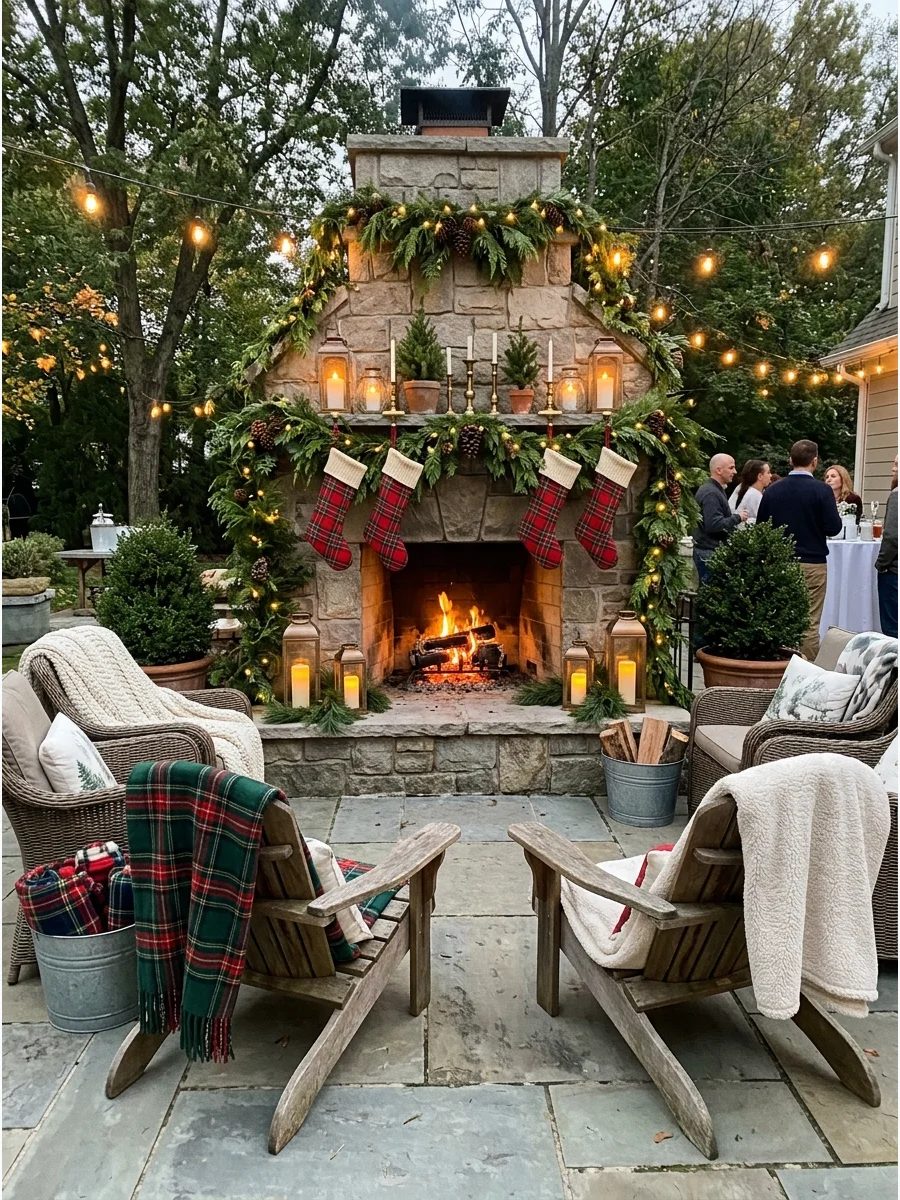 A stone outdoor fireplace decorated with green garland and glowing lanterns.