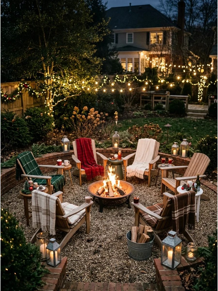 A circle of chairs with red blankets around a backyard fire pit.