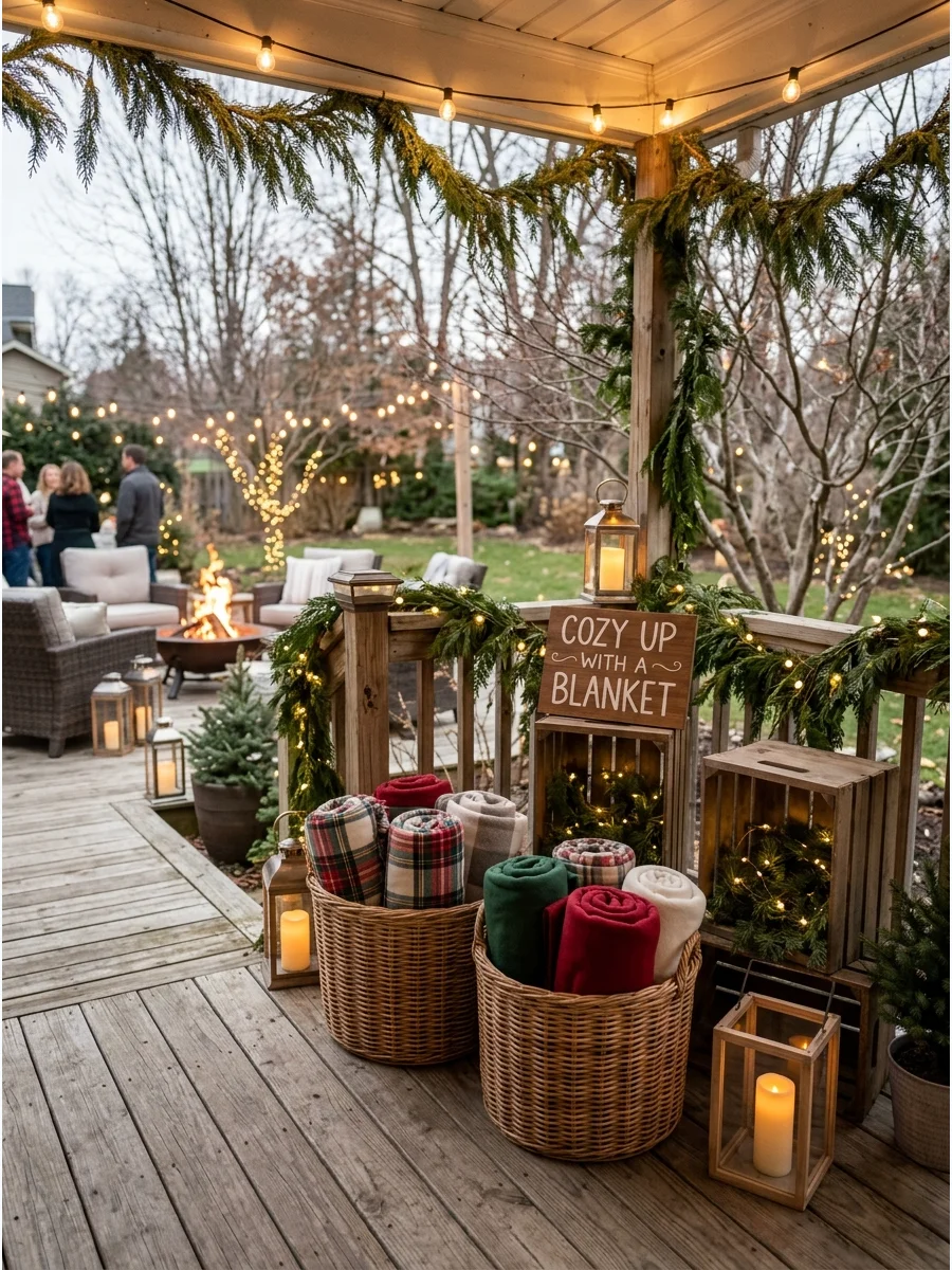 Baskets of rolled blankets next to a wooden sign on a deck.