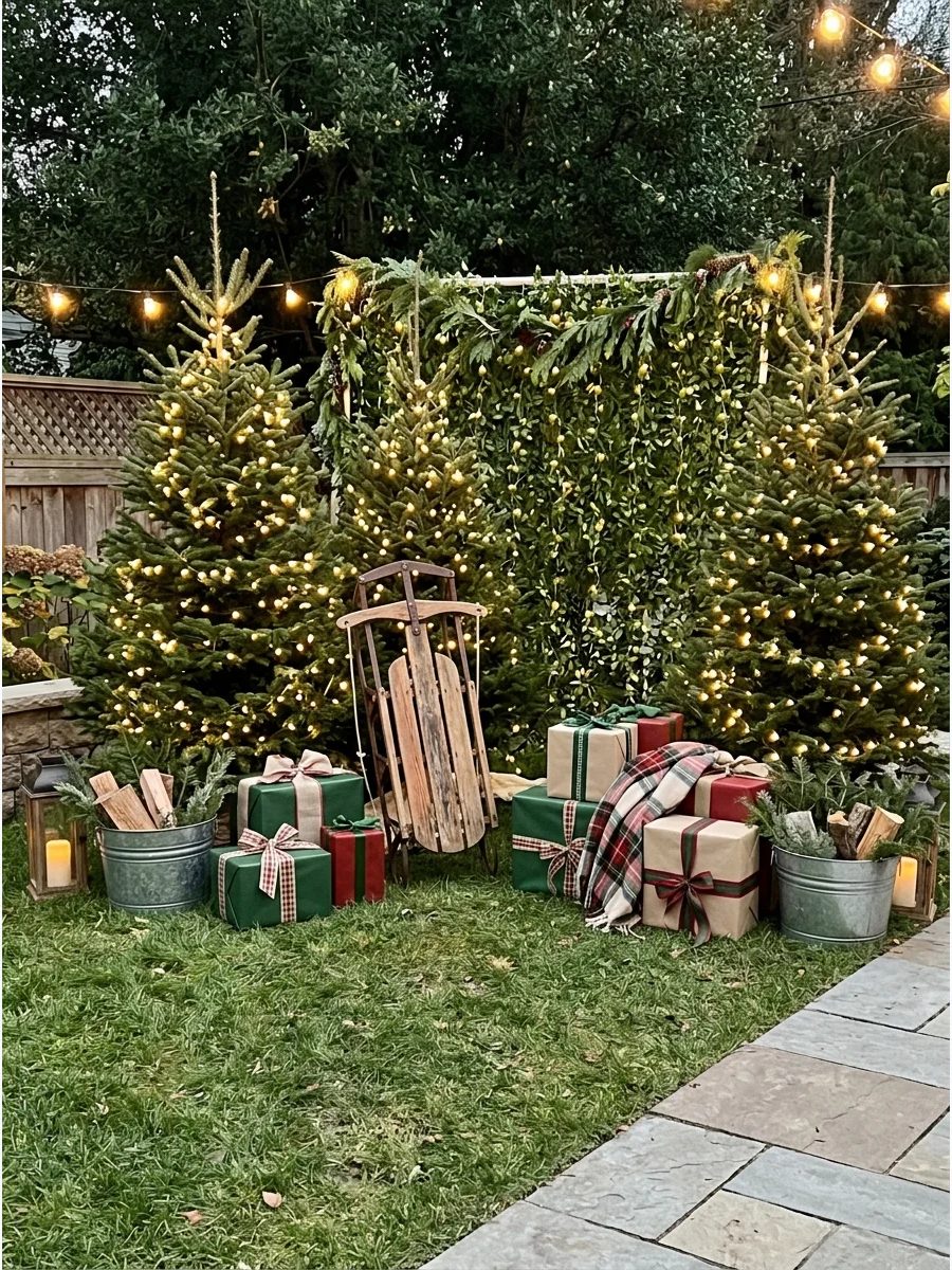 An outdoor photo booth with Christmas trees and a vintage sled props.