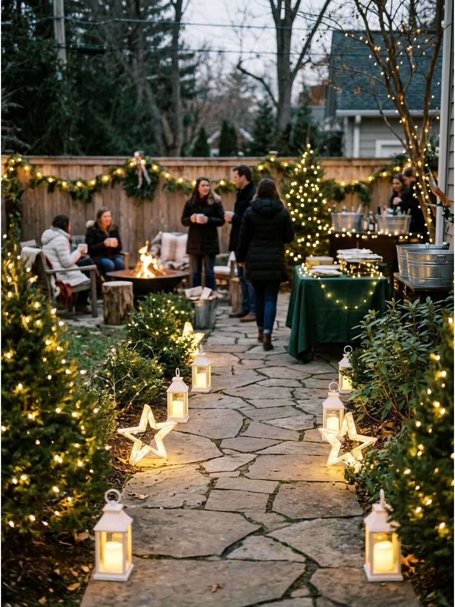 A lit garden path with lanterns leading into a backyard party.