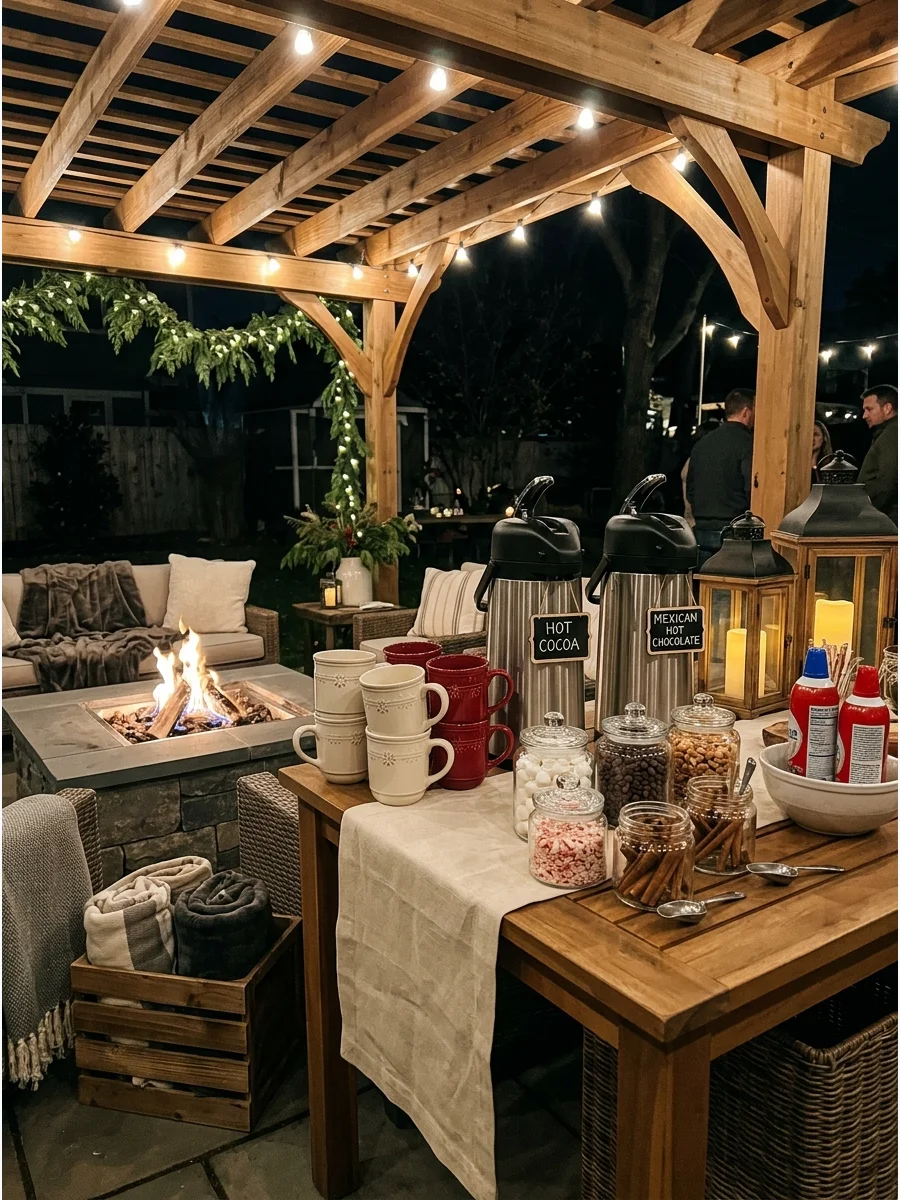 A hot chocolate station with mugs and toppings under a wooden pergola.
