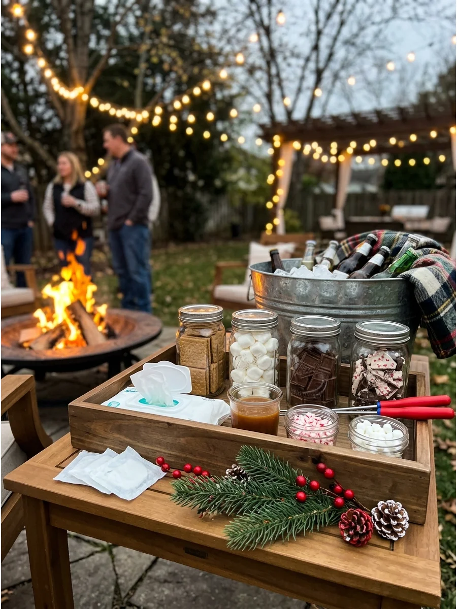 A tray of chocolate and marshmallows ready for roasting over a fire pit.
