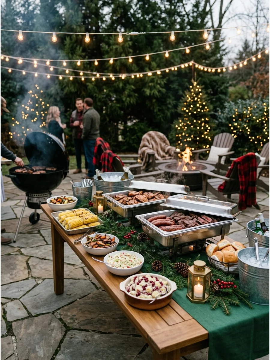A Christmas BBQ buffet set up on an outdoor patio table.