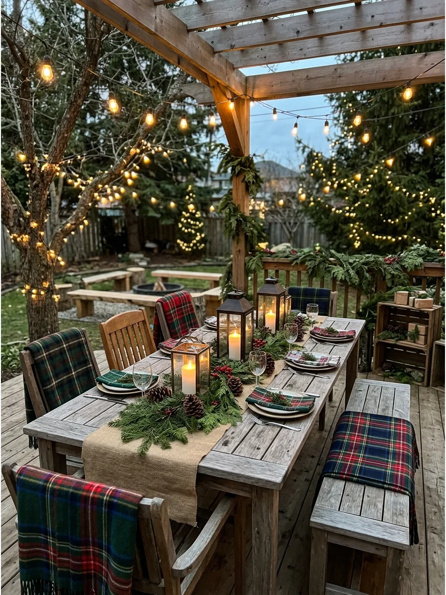 A rustic wooden table on a deck with pine branch decor.