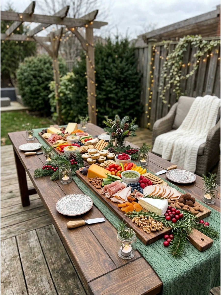 A large outdoor grazing table decorated with evergreen branches and food.
