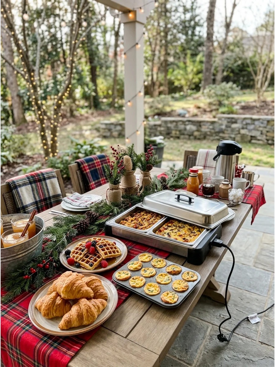 A festive outdoor brunch table with plaid linens and holiday greenery.