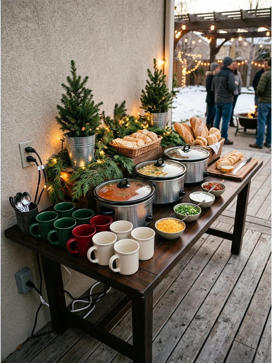 A soup and bread station on a garden deck with slow cookers and rolls.
