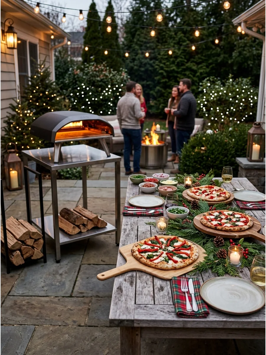 A portable pizza oven on a patio with festive pizzas ready to serve.