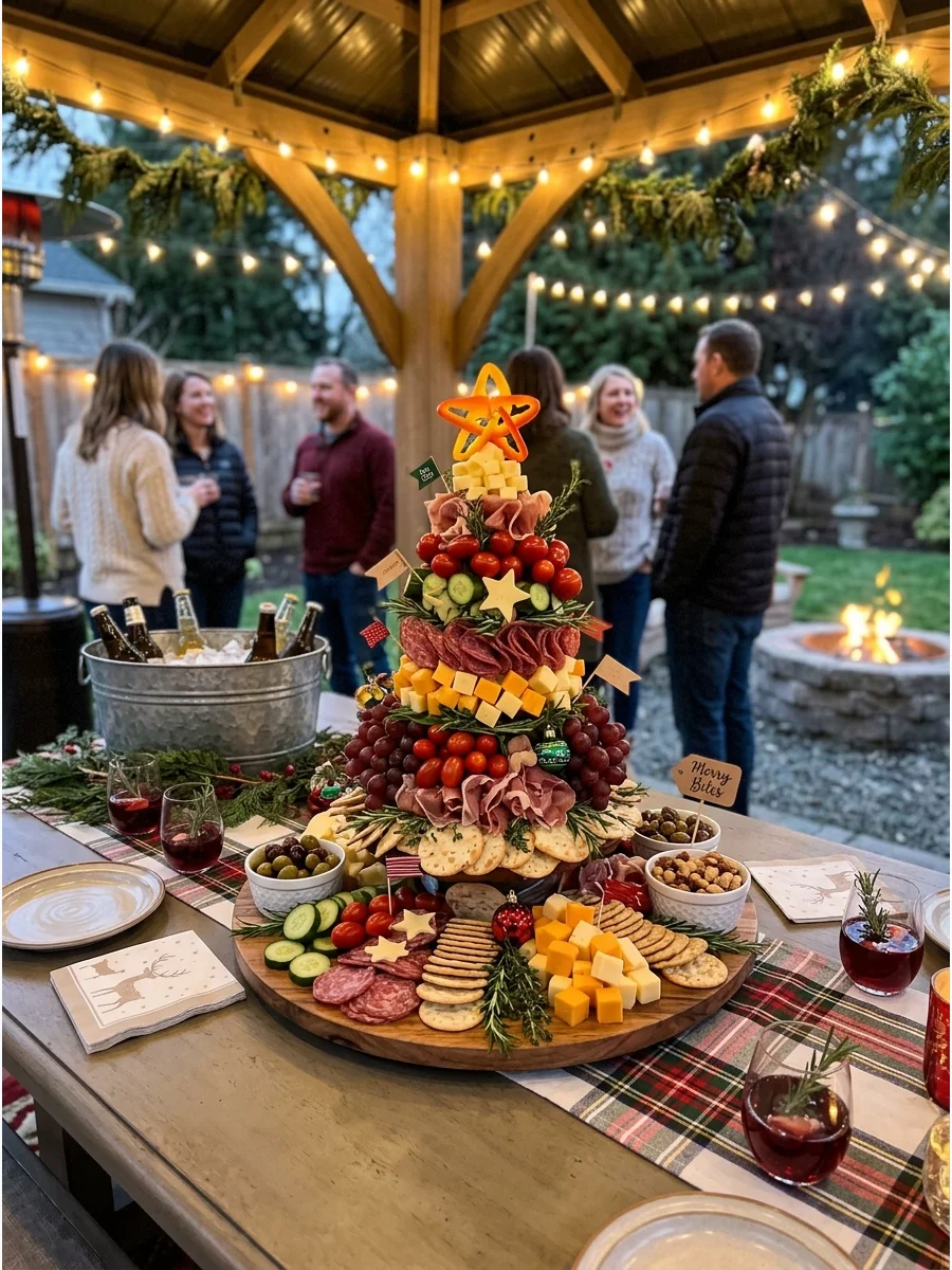 A tree-shaped charcuterie board with cheese and grapes in a gazebo.