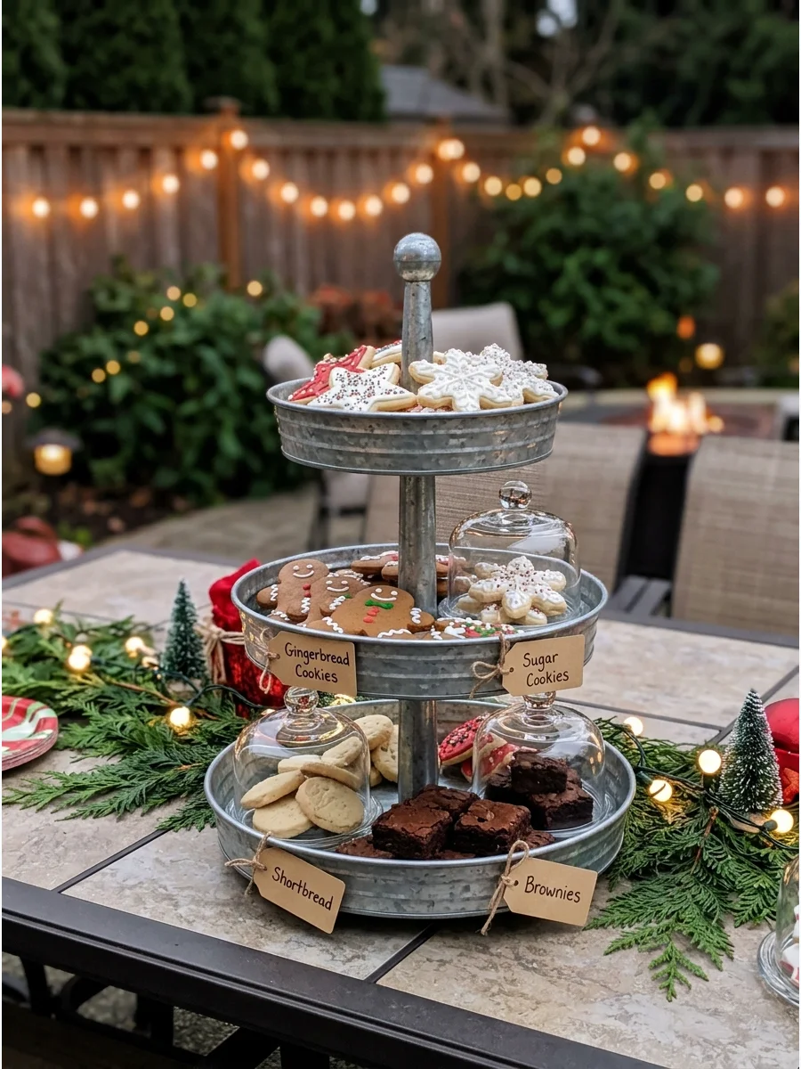 A tiered cookie display on a patio table with holiday decorations.