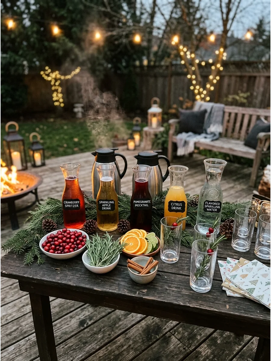 A holiday mocktail station on a deck with festive garnishes.