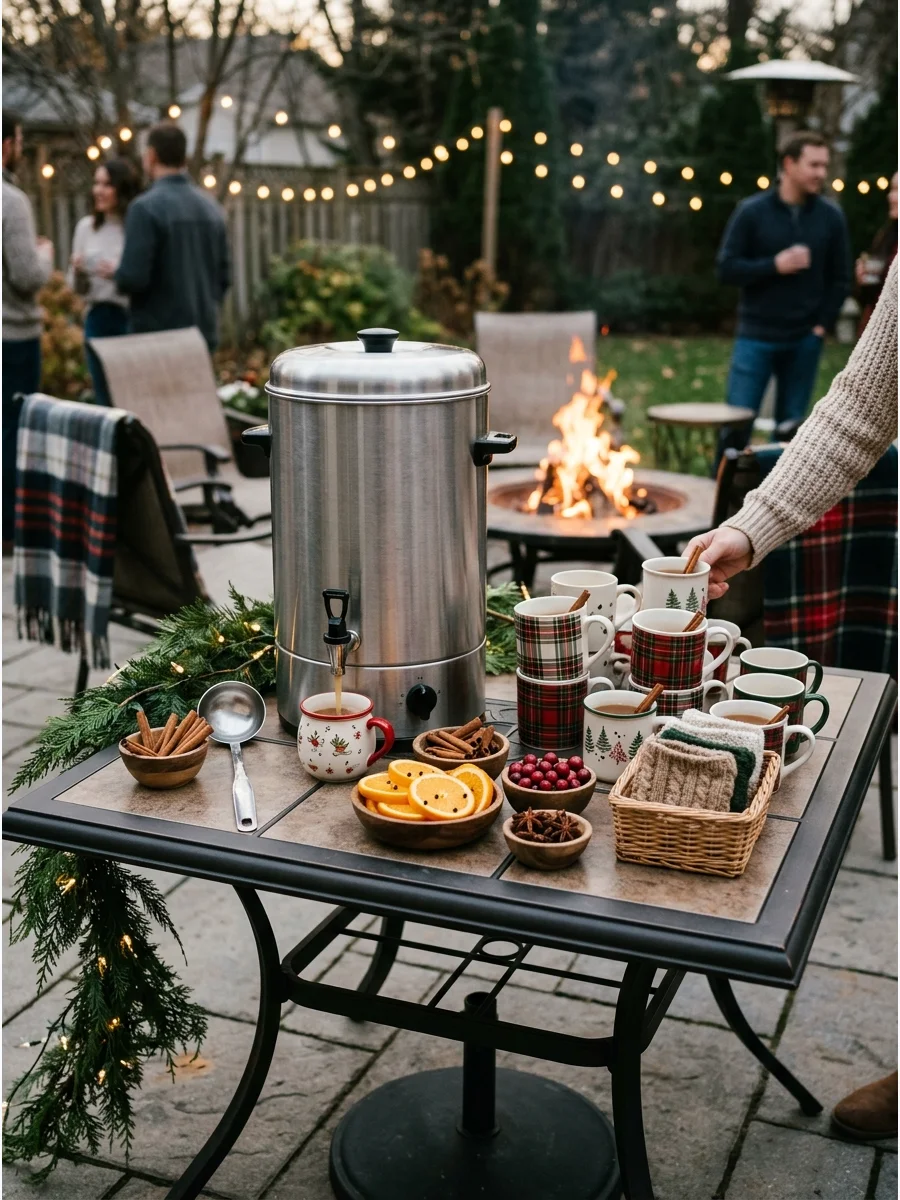 A hot cider station on a patio with mugs and cinnamon sticks.