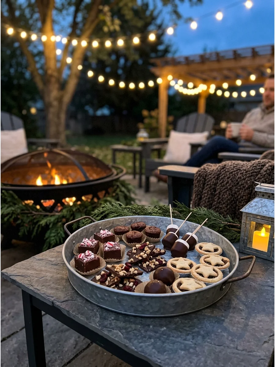 A dessert tray on a table next to a backyard fire pit.