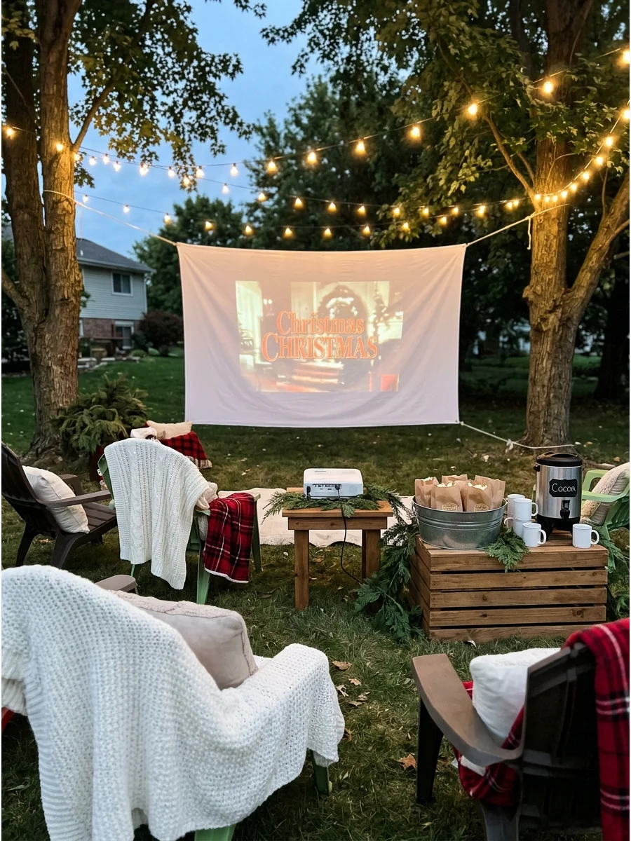An outdoor movie setup in a backyard with chairs and blankets.