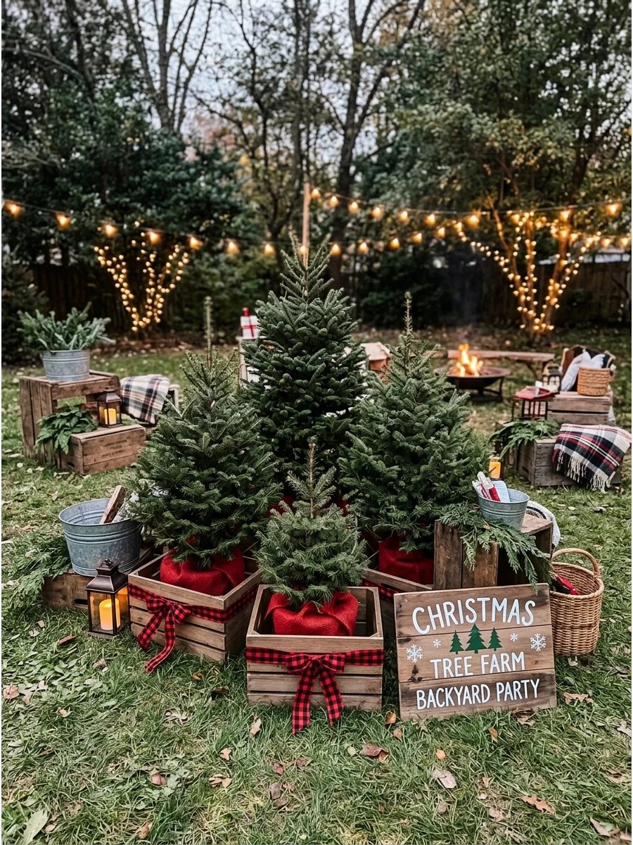 Small potted pine trees in wooden crates arranged on a backyard lawn.