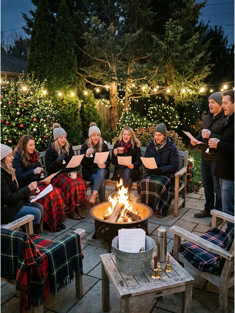 Guests caroling around a fire pit in a private backyard.