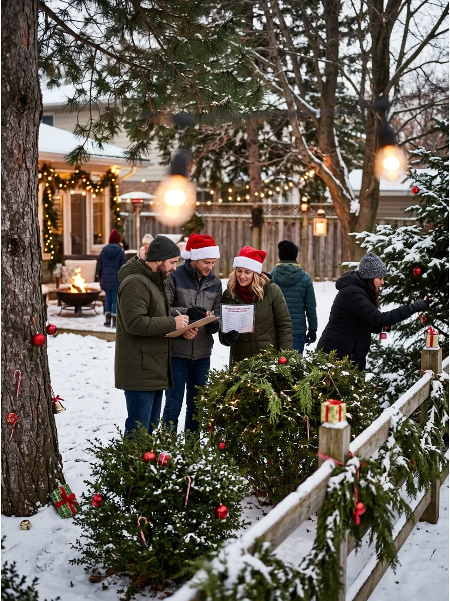 Guests searching for ornaments in a backyard.