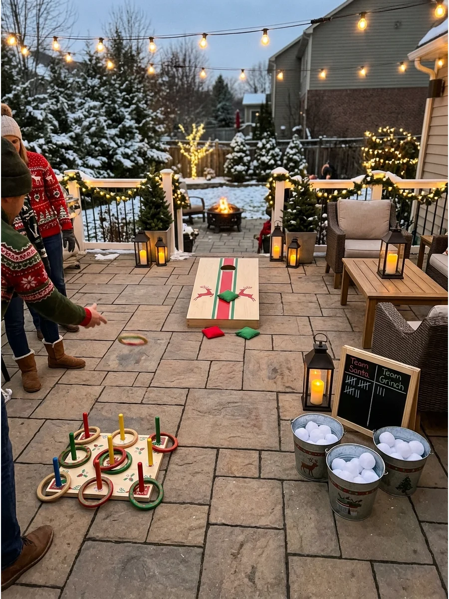 Christmas cornhole game on a patio.