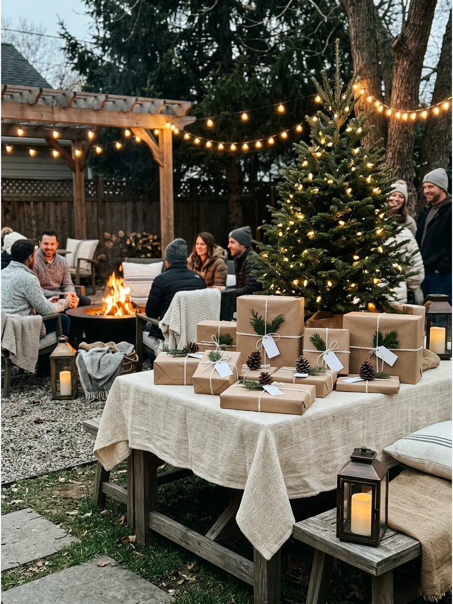Wrapped gifts on a rustic outdoor table.