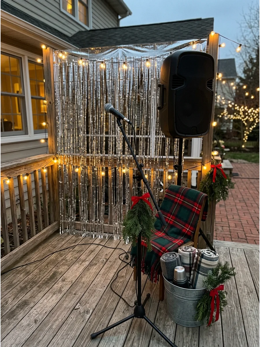 Outdoor karaoke setup with a tinsel backdrop.